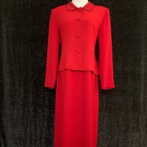 Red Blazer & Dress 2 Piece Set Beaded Collar Womens Size 14